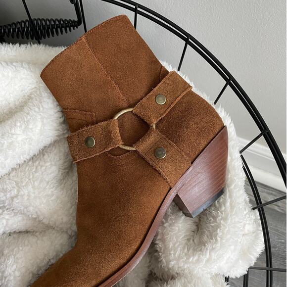 Authentic Saint Laurent Brown Suede Leather Harness Pointed Ankle Boots - Picture 2 of 7